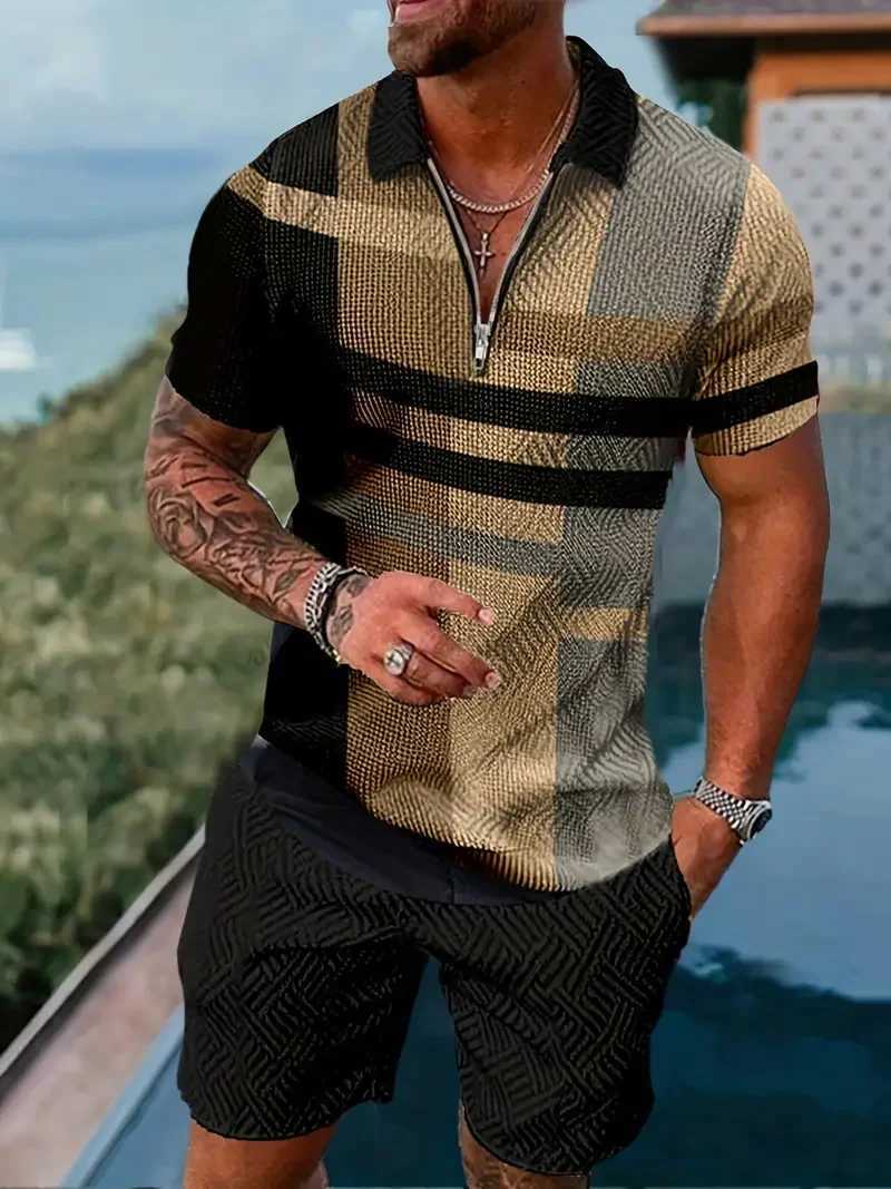 Zipper polo shirt set summer fashion casual mens sports set 3D printed simple style flip collar zipper polo shirt 2 setsXJ250326