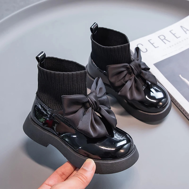 Girls Black Non-slip Kids Fashion Bow Elegant Glossy UK Uniform Child School Shoes Simple Casual Sock Boots Breathable 250326