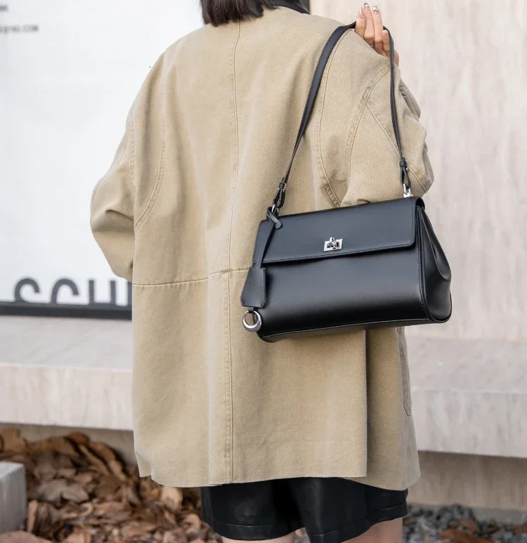 Simple Glossy Cowhide Leather Women Crossbody Black Commuting Versatile Handbag Long High-Quality Single Shoulder Armpit Bag