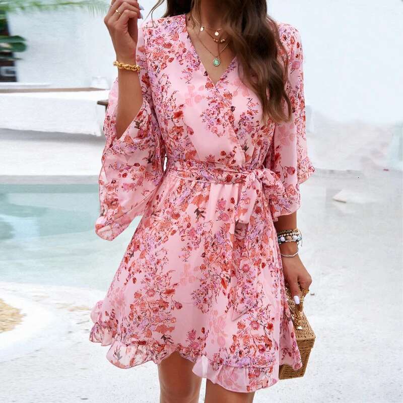 Dongdumaoyi Dames Lente Zomer Elegante Bloemenjurk Met Stropdas C