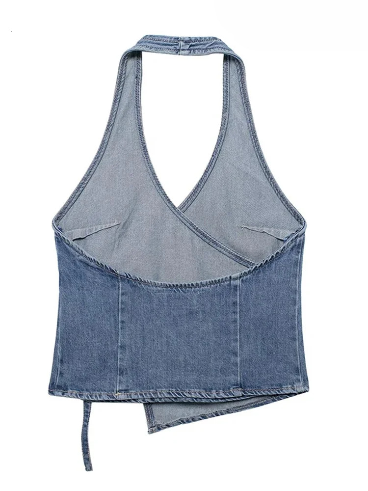QNQO Denim Tank Women Summer Neck-Mounted Sleeveless Chic Casual Tops 2024 New Fashion Solid Female Backless Sexy Crop Top