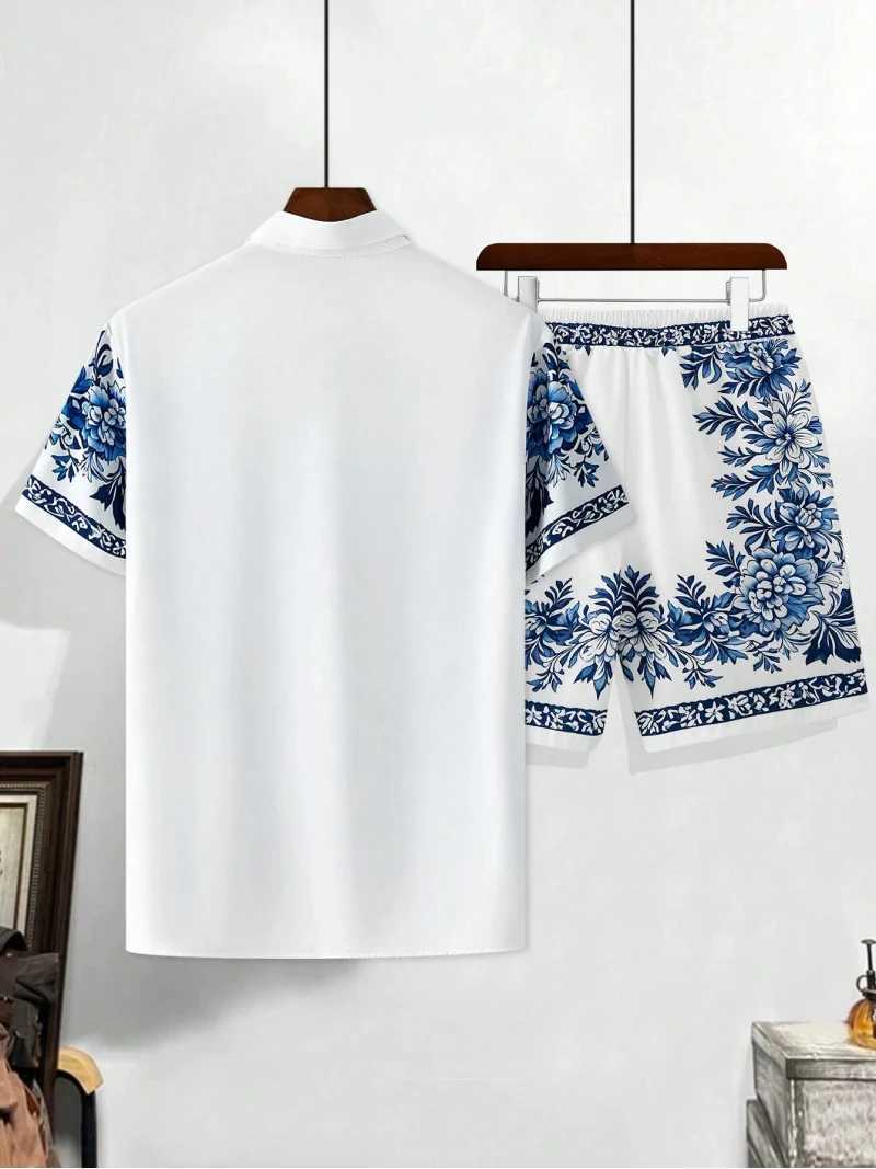 Outdoor casual mens celadon floral design printed pattern short sleeved lapel shirt and shorts mens fashion trend two-piece setXJ250326