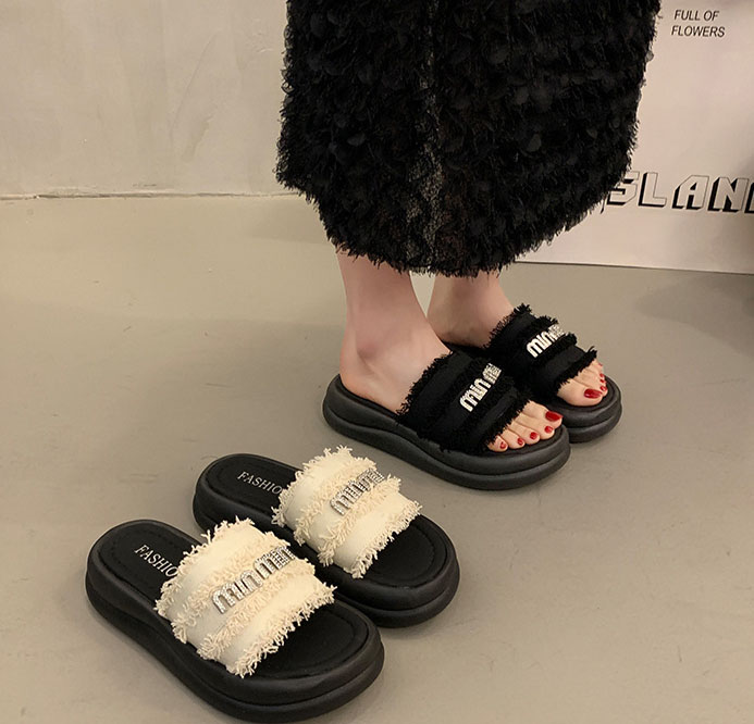 designer shoes new Women's silver buckle letter cloth upper cool slippers ummer suitable for outdoor wear on the beach half-slippers with thick s