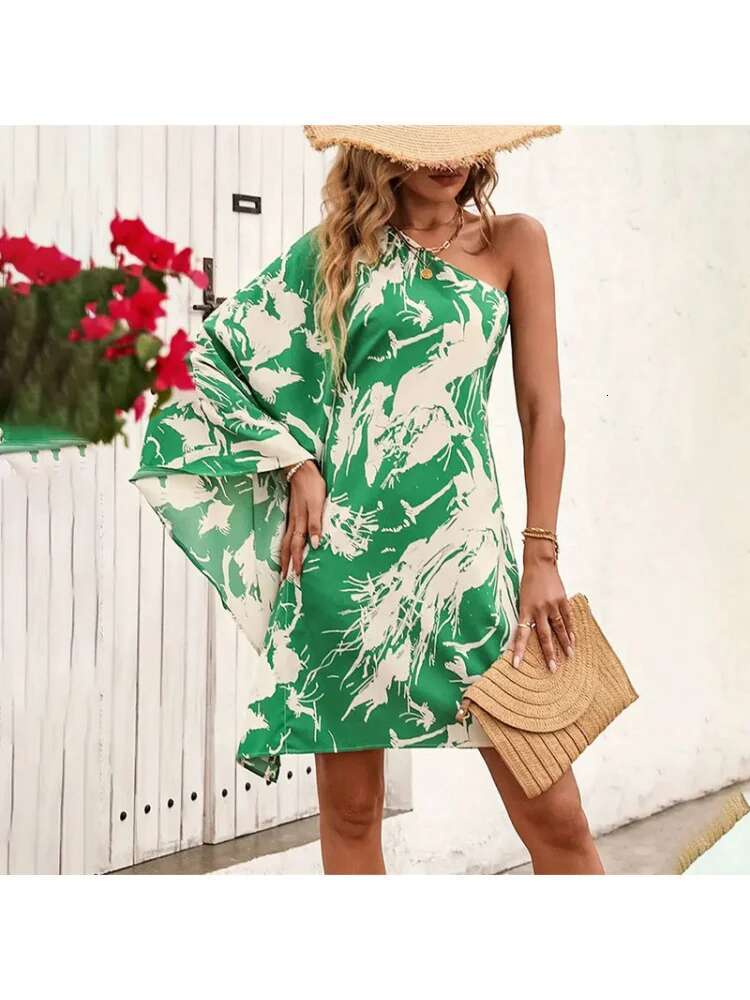 Dongdumaoyi Nieuwe Collectie Onregelmatige Halslijn Flare Mouw Print Korte Jurk Lente Zomer DAMES Stijl C