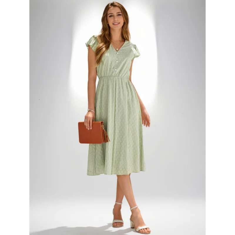 Dongdumaoyi Lente Zomer Nieuwe Collectie Casual Effen Kleur V Hals Tailleafgevende Jurk Frisse En Stijlvolle Damesmodejurk