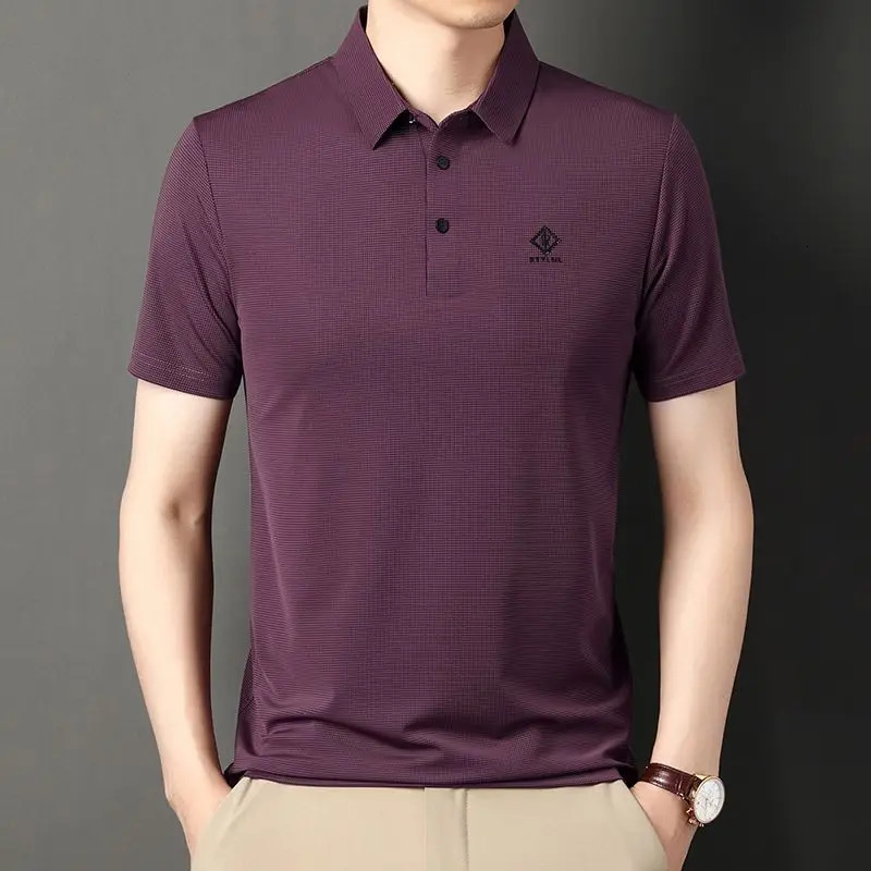 Ice Silk Mens Tshirt Shortsleeved POLO Shirt Solid Color Business Top Dad Middleaged 250311