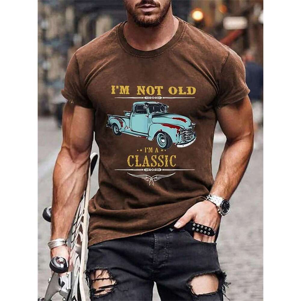 Classic car pattern printed men s T shirt comfortable fit soft fabric perfect for summer outdoor casual fashionable gift