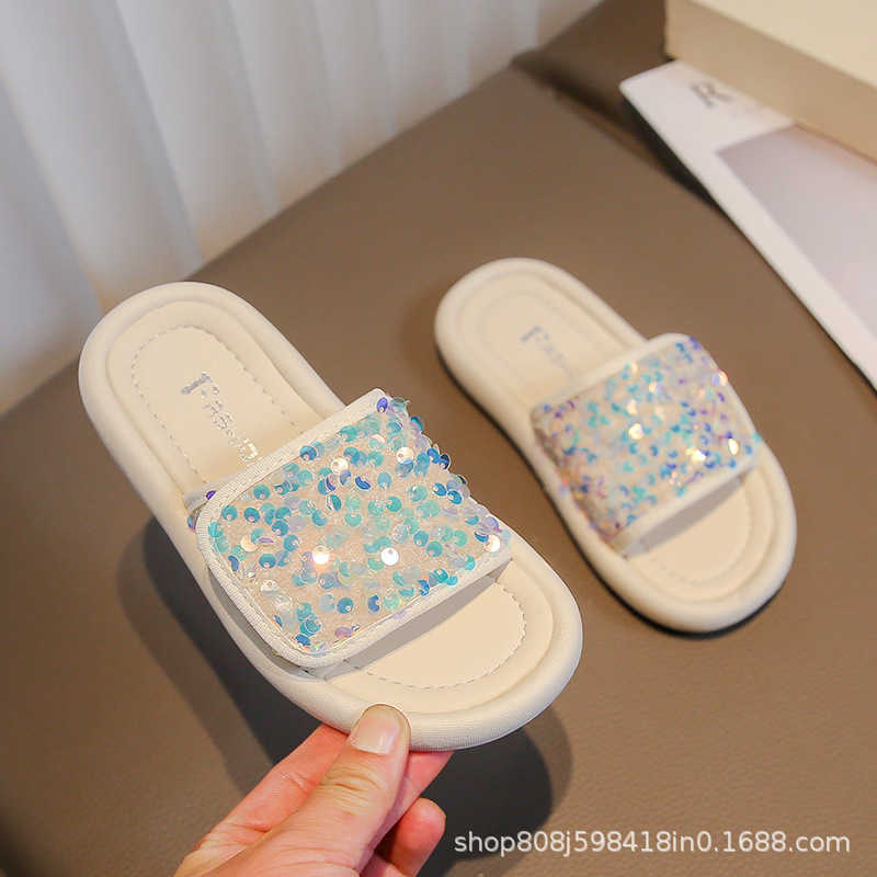 Slipper Girls open toed slippers girls sequins straight drag 2024 summer new style childrens outdoor cool drag fashionable princess S25326