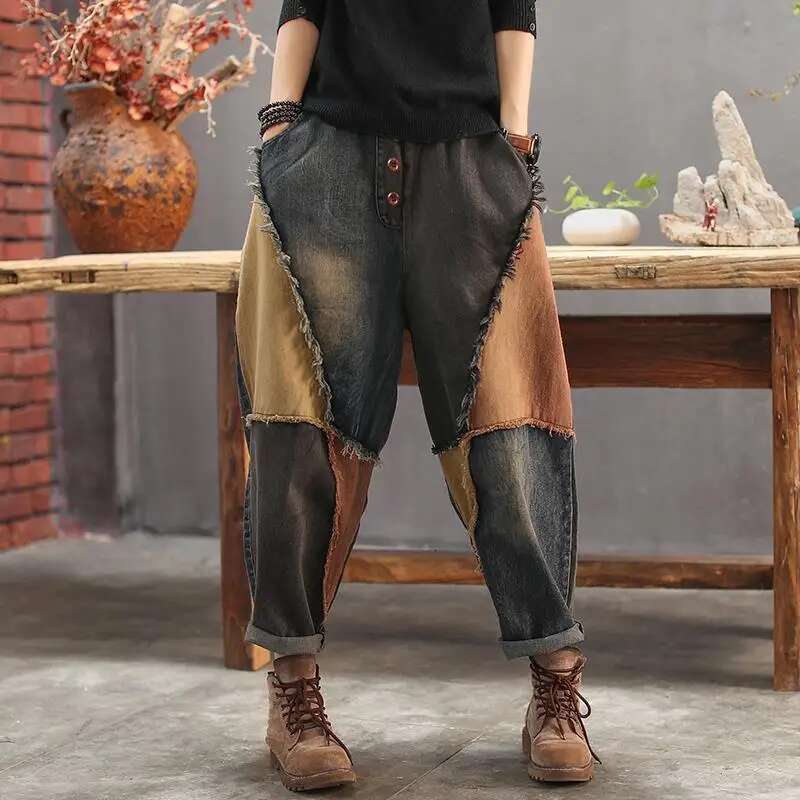 Spring Women's High Waist Retro Harem Pants Jeans 2023 New Casual Fashion Haruku Cotton Trousers Patchwork Wide Leg Radish