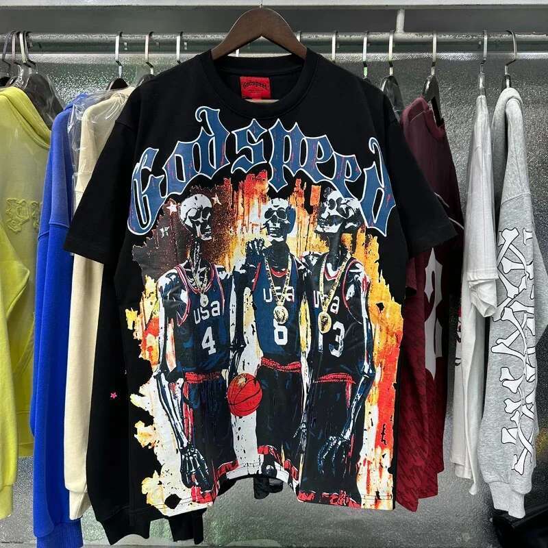 Gothic punk Harajuku pattern top men s American skull print oversized T shirt summer casual cotton short sleeved streetwear