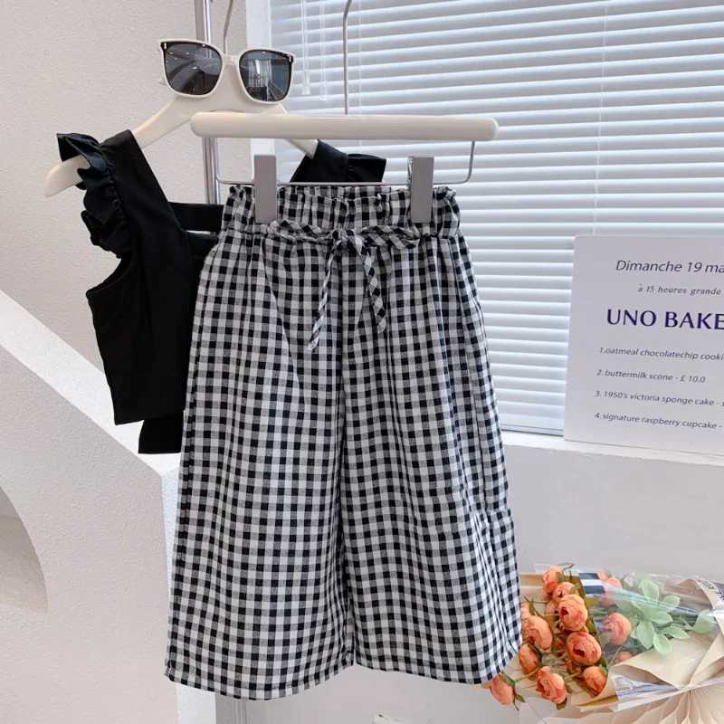 Summer Chills Girls Clothing Sets 2024 New Camisole Top Plus Plaid Wide Leg Pants 2PCS Fashion Baby Clothing SetT250327