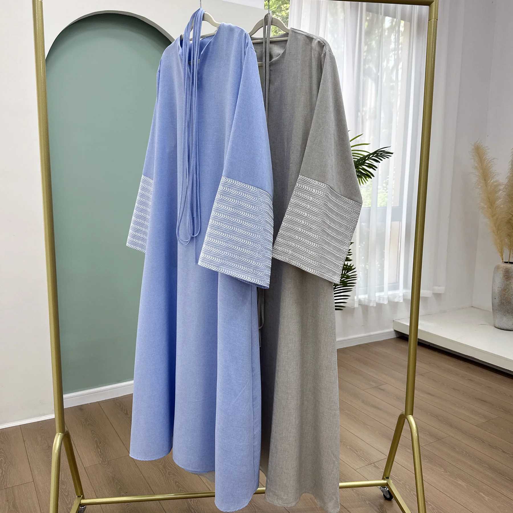 New Linen Palestine Embroidery Muslim Belted Dress Kufiyah Modest Abaya Ramadan Closed Abaya Women Muslim Clothing Casual Dress X250514