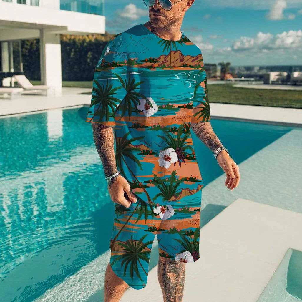 Mens set Hawaii Beach T-shirt two sets of vacation casual beach pants set fashionable all printed T-shirt set new mens T-shirtXJ250326