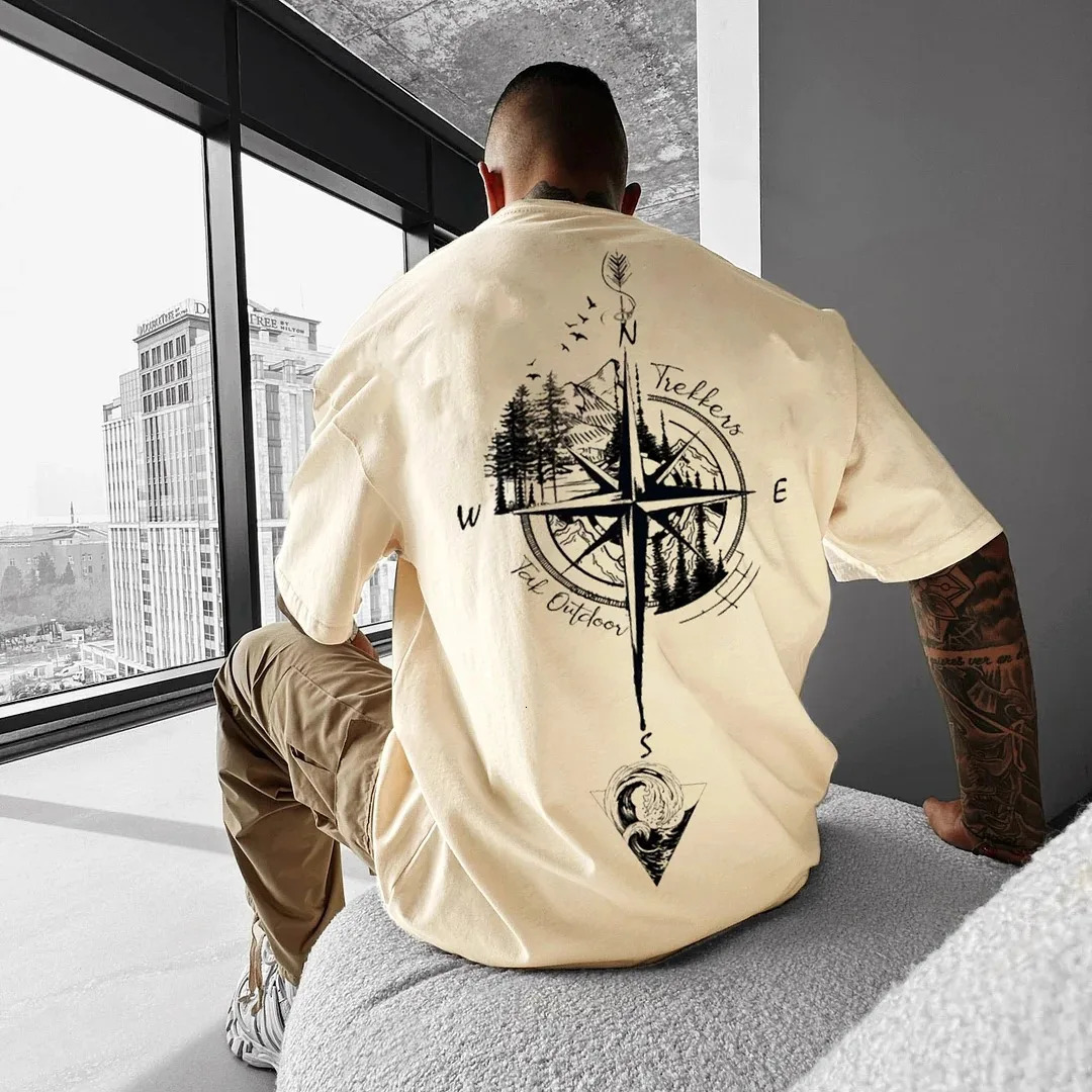 Mens casual crew collar Tshirt with compass landscape print cotton wide pine Harajuku street hiphop Korean style Y2K mens top 250318