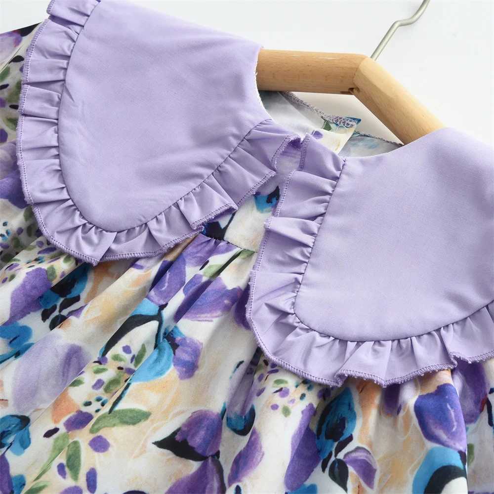 Girls casual dress with purple floral print lace lapel puff sleeves and long sleeved floral Par dress for children aged 2 to 7 W250326