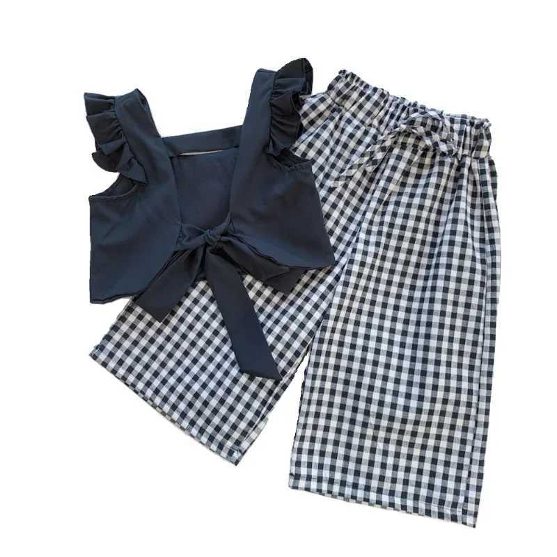 Summer Chills Girls Clothing Sets 2024 New Camisole Top Plus Plaid Wide Leg Pants 2PCS Fashion Baby Clothing SetT250327
