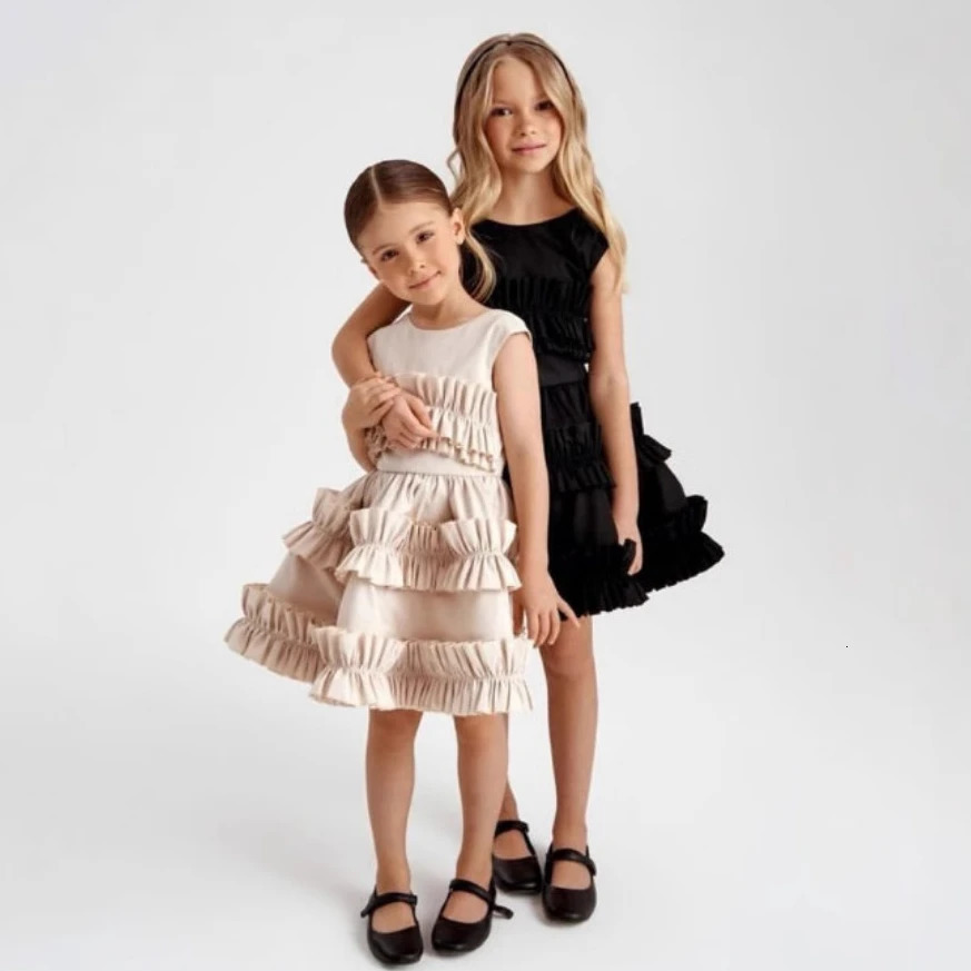 5667 Children Dress 2025 Ins Eastern Europe Spring and Summer Girls Dress Linen Slim Backless Cake Lace Skirt 250326