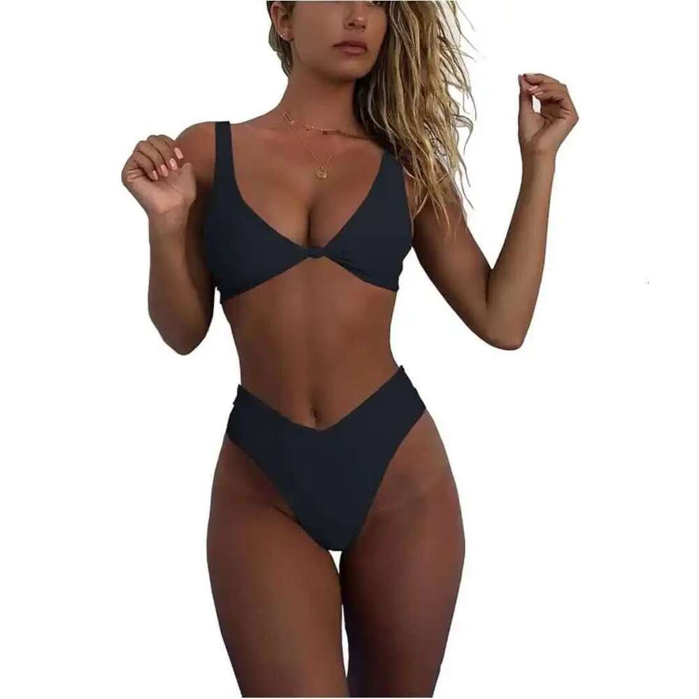High-Waisted Bikinis Sexy Set Women's Solid Color Bow Design 2-Piece Swimwear European And American Cross-Border Style