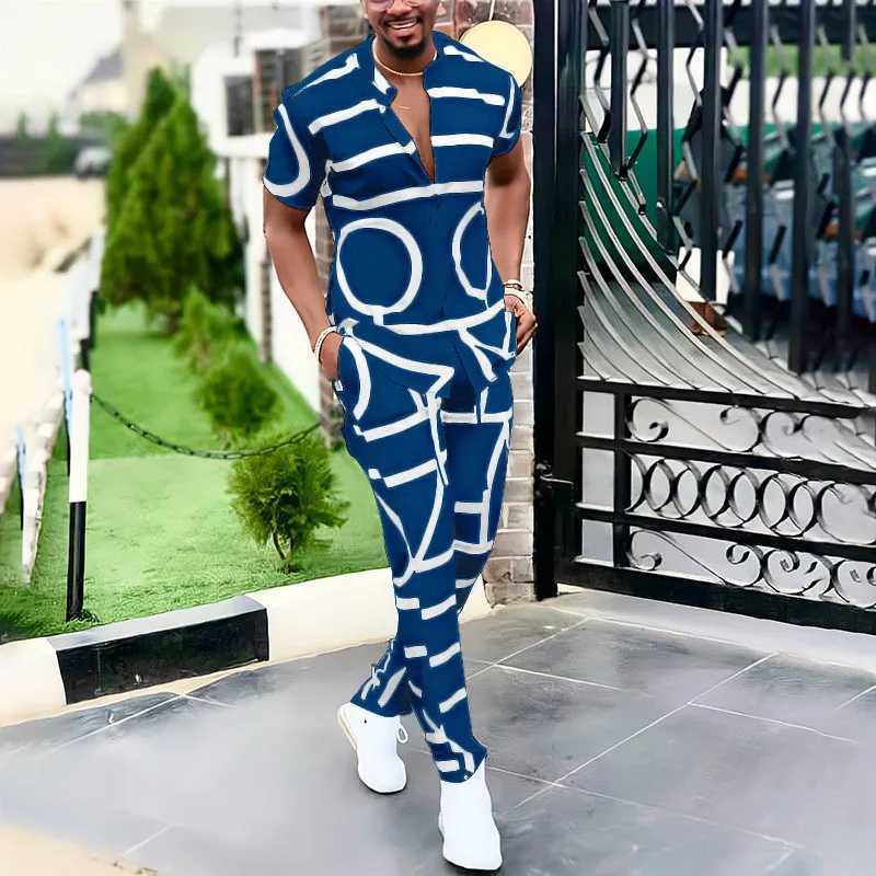 Summer mens fashion trend printed casual shirt V-neck short sleeved mens comfortable slim fit high-quality two-piece setXJ250326