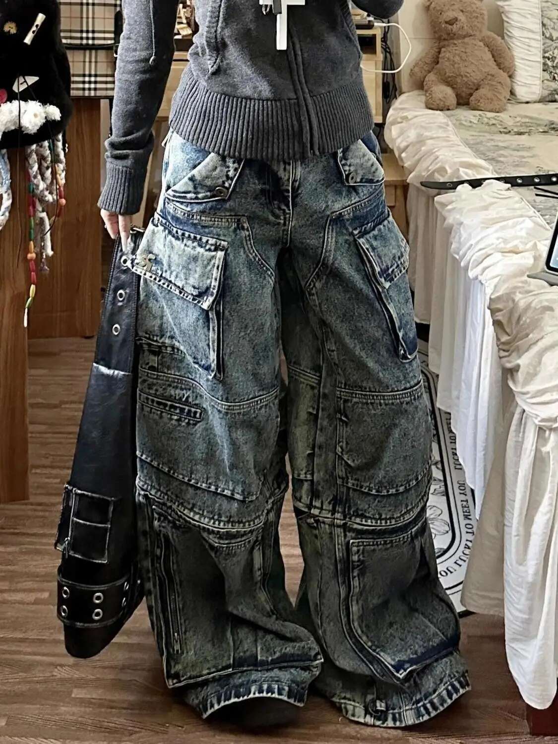 Stylish Street Multi-Pocket High Waist Cargo Pants Women American Vintage Wide Leg Haruku Hip Hop Y2k Jeans