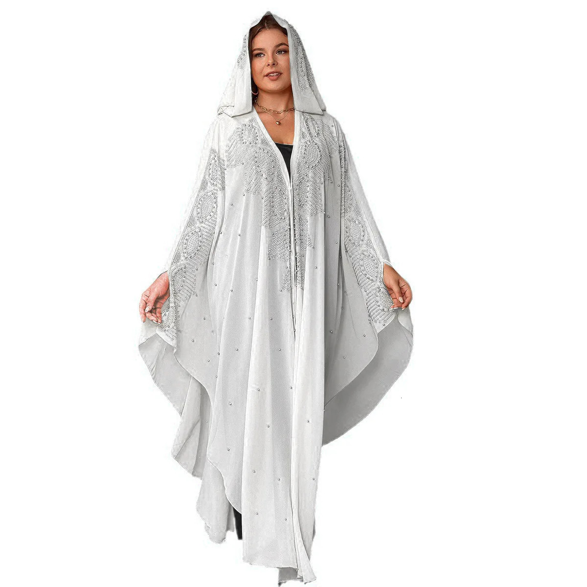 Plus size womens Muslim long sleeved Vneck polyester black yellow and white skirt Dubai Abaya Kaftan dress 250326