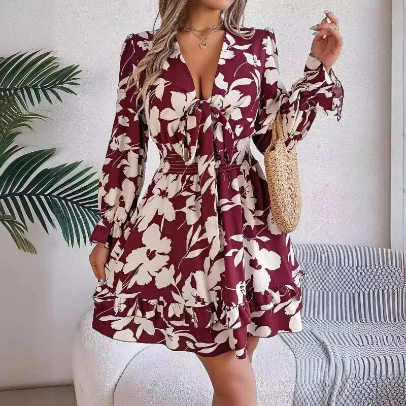 Dongdumaoyi Herfst Winter Casual Bloemen Stropdas Lange Mouwen Ruches Rand Damesmode Jurk C