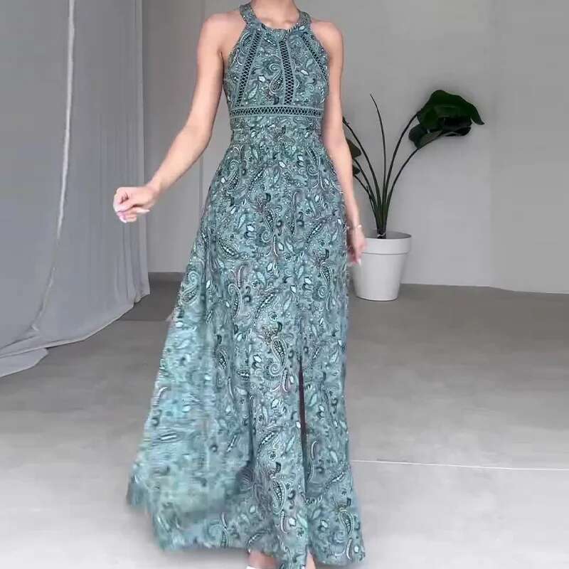 Dongdumaoyi Zomer Nieuwe Mode Gedrukt Ronde Hals Mouwloze Sexy Backless Lange Jurk Voor Vrouwen C