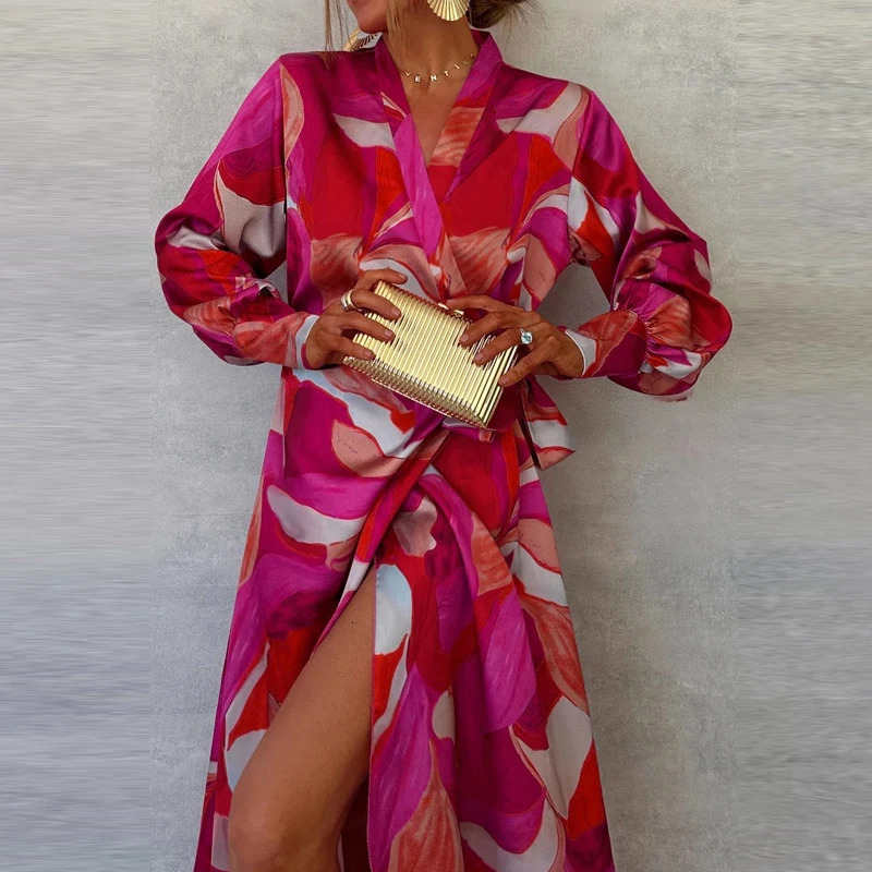 Fashion Pattern Printed Lace Up Commuting Dress Ladies Elegant V Neck Long Sleeved Split Dress Casual Party Irregular Maxi Dress 250326