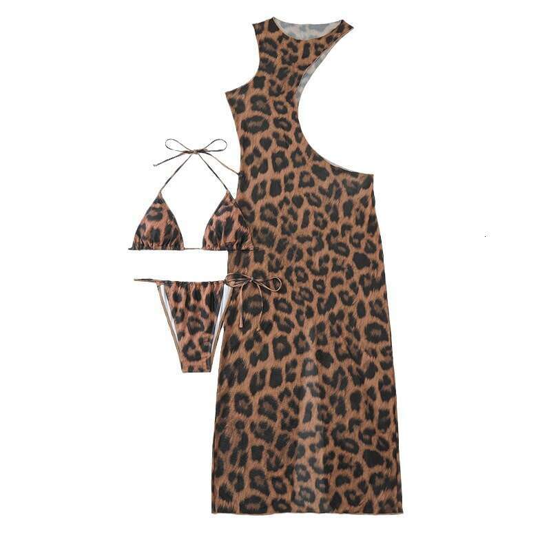 3 Pieces Leopard Triangle Halter String Bikini Hollow Out Swimsuit Women Swimwear Female Bathers Bathing Swimming Swim Suit