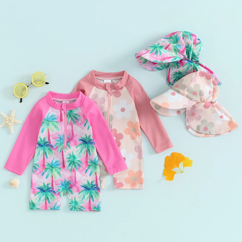 Tregren 0-3Y Toddler Girls Rash Guard Swimsuit with Swim Cap Long Sleeve FloralTropical Tree Print Zip Up Swimwear Bathing Suit 250326