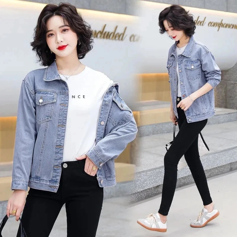 Spring and autumn single breasted womens denim jacket loose long sleeved top casual jeans 250326