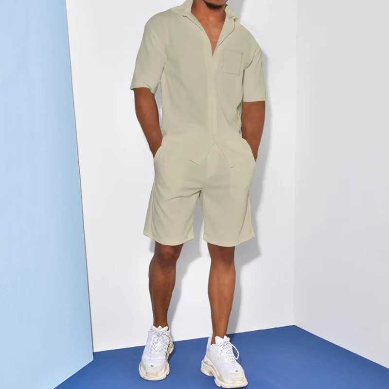 Casual loose mens two-piece set 2025 summer casual solid color shirt and shorts mens clothing fashion short sleeved setXJ250326