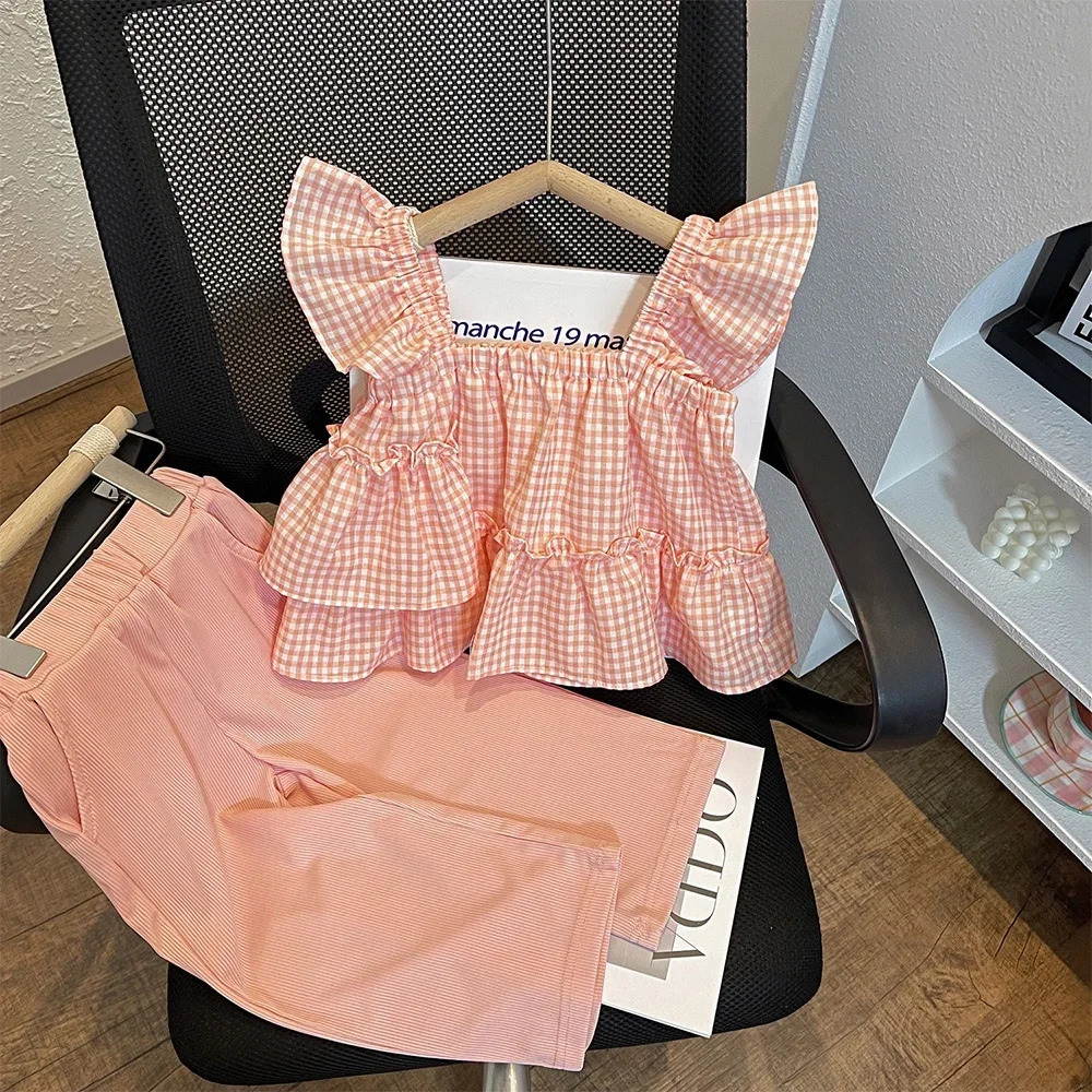 Summer Kids Clothes Green Plaid Fly Sleeved Topsolid Color Casual Pants 2-piece Set Girl Clothes Vest Set Kids Clothes Girls 250326