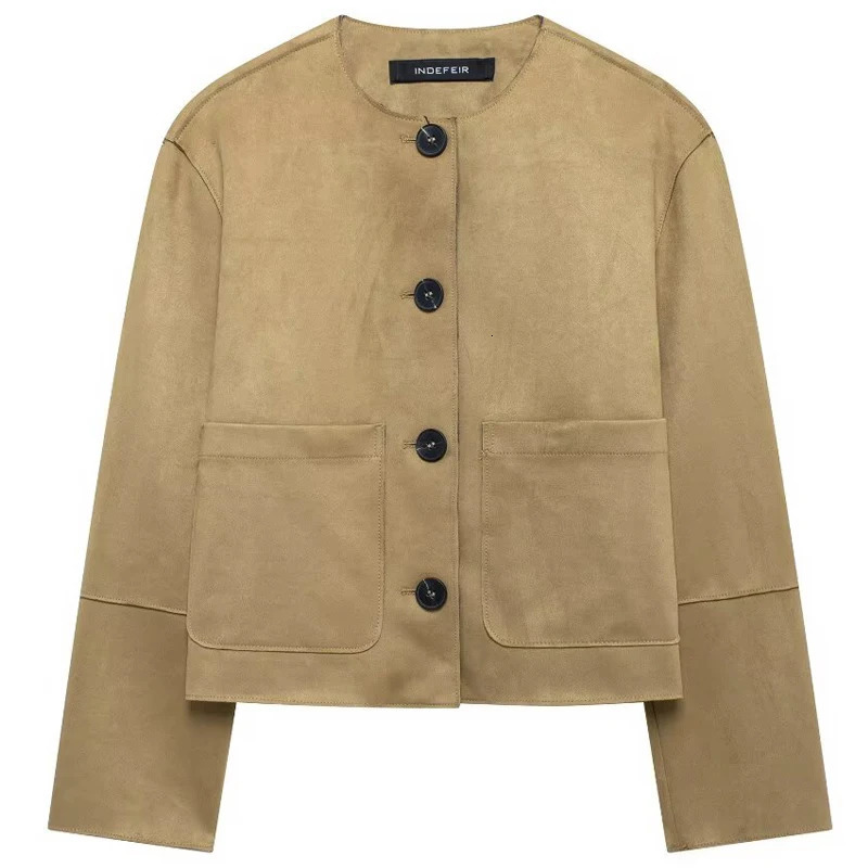 TRAF suede jacket womens spring Coats Jackets crop Oneck button long sleeved fashionable and elegant 250326