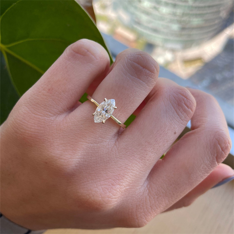 Jewelry Solid Gold Ring 1.5 Carat Marquise Engagement Sollitaire Ring For Women 14K Real Gold Thin Band Simple Design Womens Gold Ring