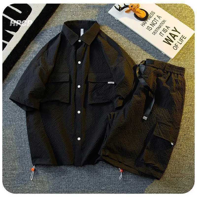 Texture ice silk workwear mens short sleeved shirt and short sleeved two-piece set summer cool quick drying loose topXJ250326