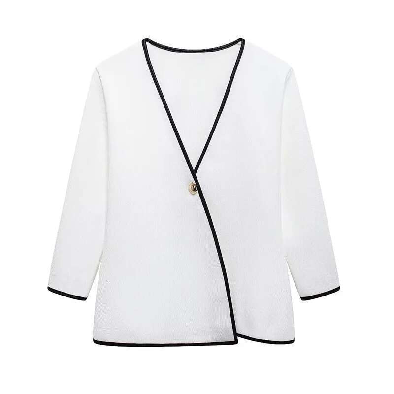 Women's Coat Minimalism One Button Women Jacket Knitted Patchwork Long Sleeve V Neck Outwear Autumn Elegant Elastic Slim Cardigan