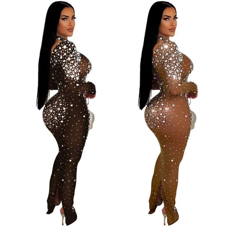 Dongdumaoyi Mode Dameskleding Pure Kleur Mesh Hot Boren Jurk Met Lange Mouwen C