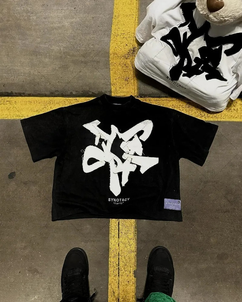 Y2k European and American retro short sleeved top with letter printing oversized Tshirt for men Harajuku Versatile women 250327