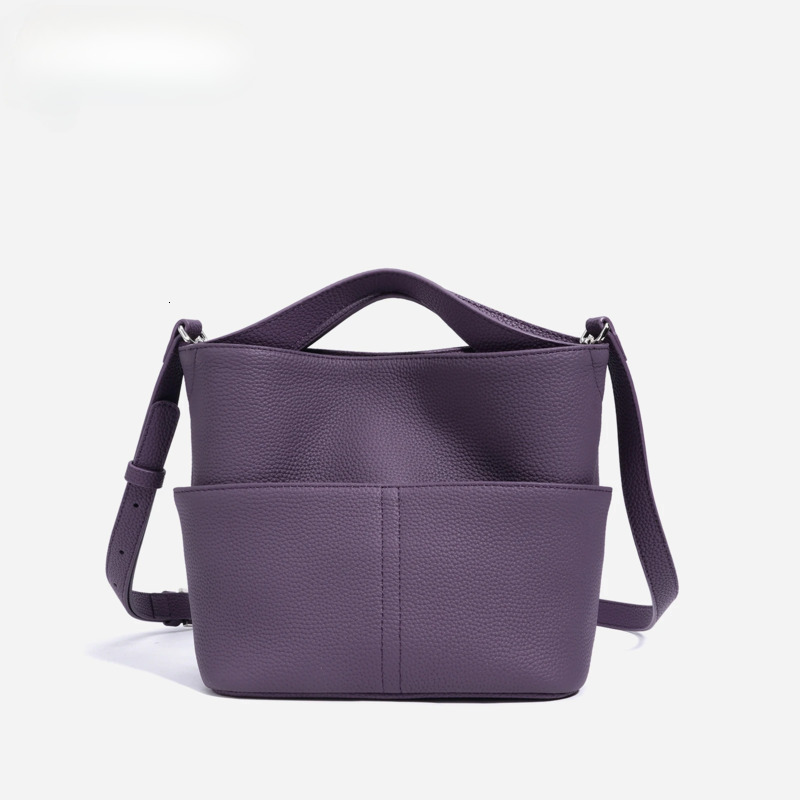 2025 New Spring Summer Simple Soft Bucket Tote Bag Small Purple Color 100% Real Cow Leather Women Handbag
