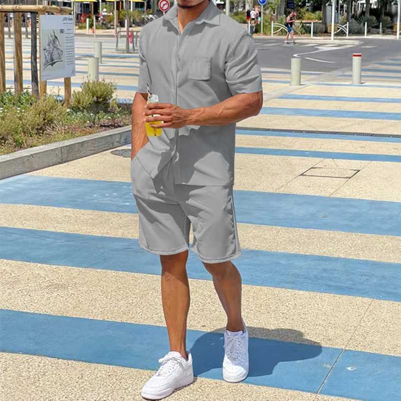 Casual loose mens two-piece set 2025 summer casual solid color shirt and shorts mens clothing fashion short sleeved setXJ250326