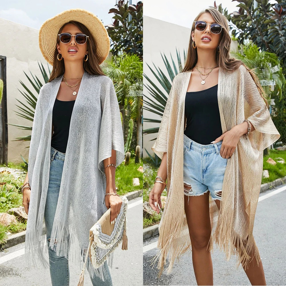 Womens loose fringe top covering beach swimming bikini kimono open swimsuit vacation suit Ups shirt 250326