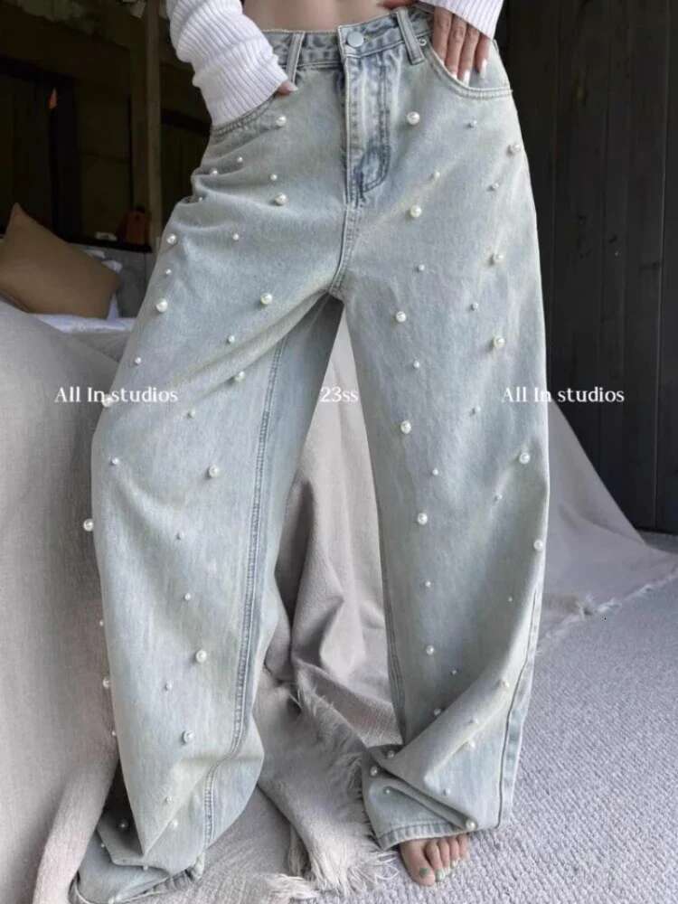 Korean Fashion For 2024Spring New Heavy Industry Beads Retro Washed High Waisted Jeans Wide Leg Mopping Pants Women