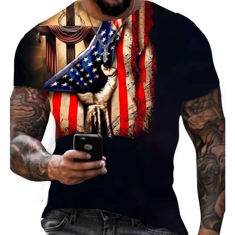 Men s American Flag Pattern T shirt D Printed Color Blocks Neutral Summer Loose Top Round Neck Short Sleeve