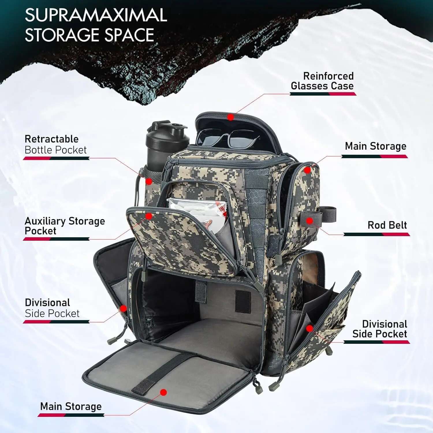 Backpack 4 Trays, Large Outdoor Storage Tackle Bag With Protective Rain Cover For Fishing Gear