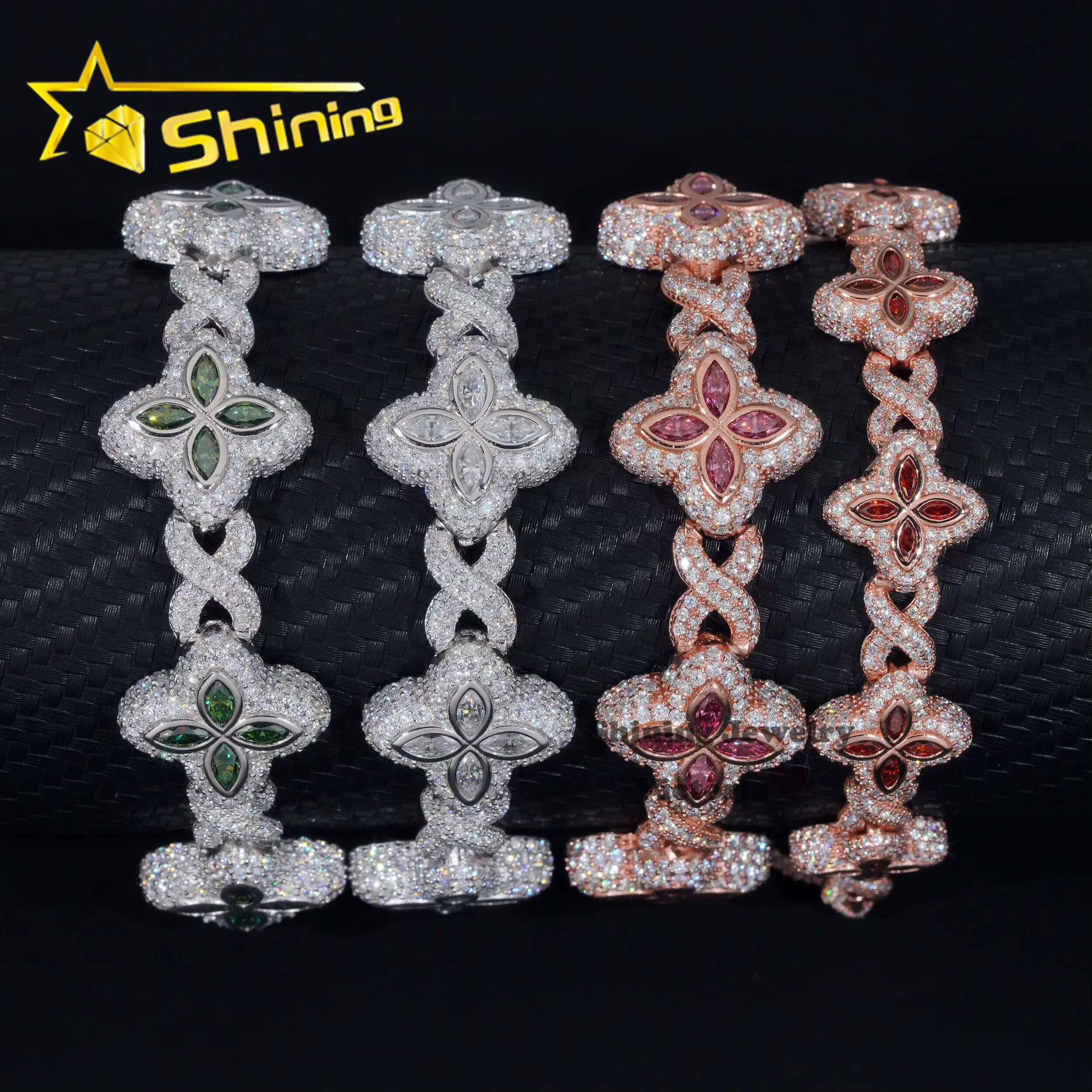 Shining Jewelry 2024 New Arrivals Fashion Jewelry 925 Sterling Silver Vvs Moissanite Diamond Four Leaf Clover Tennis Bracelet