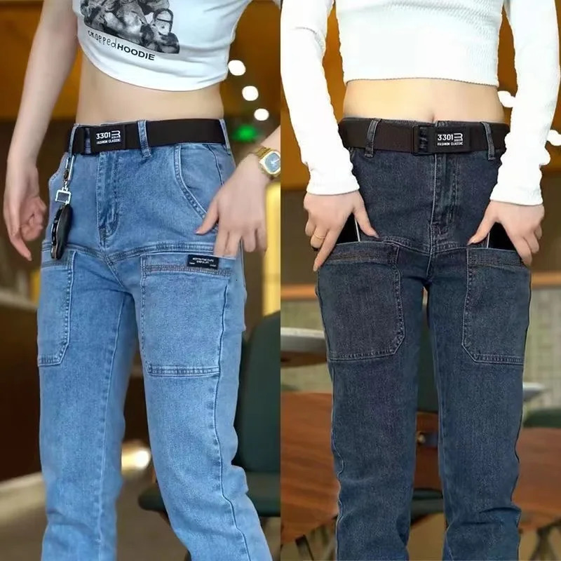 2024 Mens Casual Multiple Pockets Jeans Mid-Waist Elastic Straight Denim Trousers Versatile Loose Personality Pants 250317