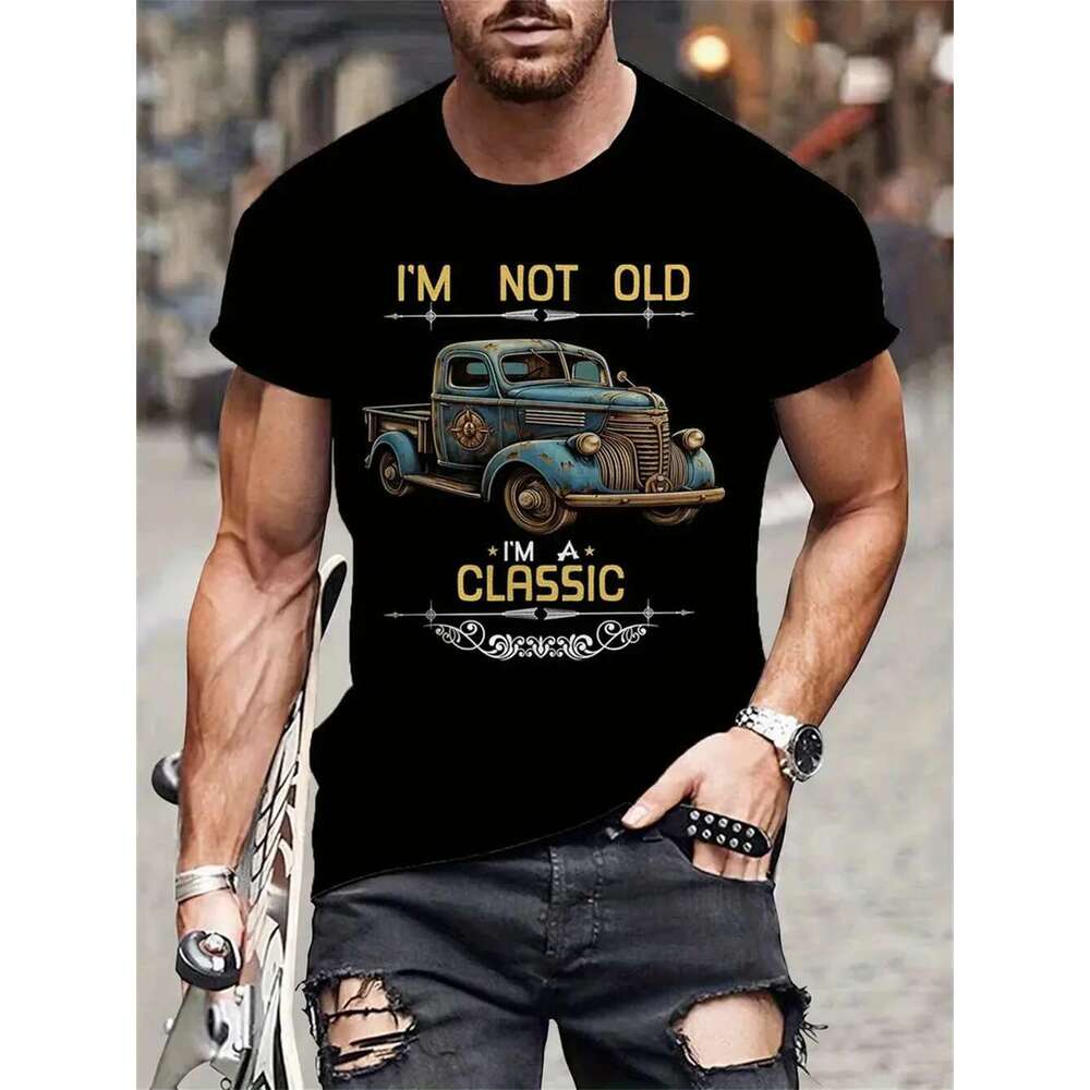Classic car pattern printed men s T shirt comfortable fit soft fabric perfect for summer outdoor casual fashionable gift