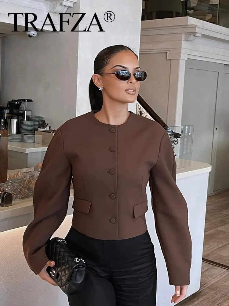 Trafza womens retro solid cut jacket O-neck long sleeved jacket autumn womens casual Y2K jacket 250322