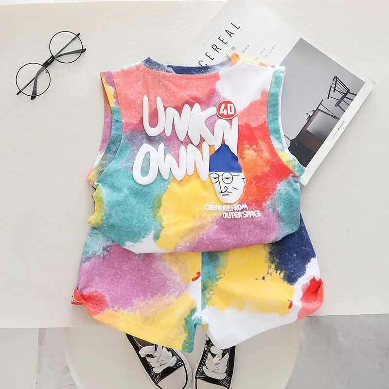 Summer childrens boys girls cotton clothing fully printed colored vest toddler clothing baby tracksuit baby casual suitT250327